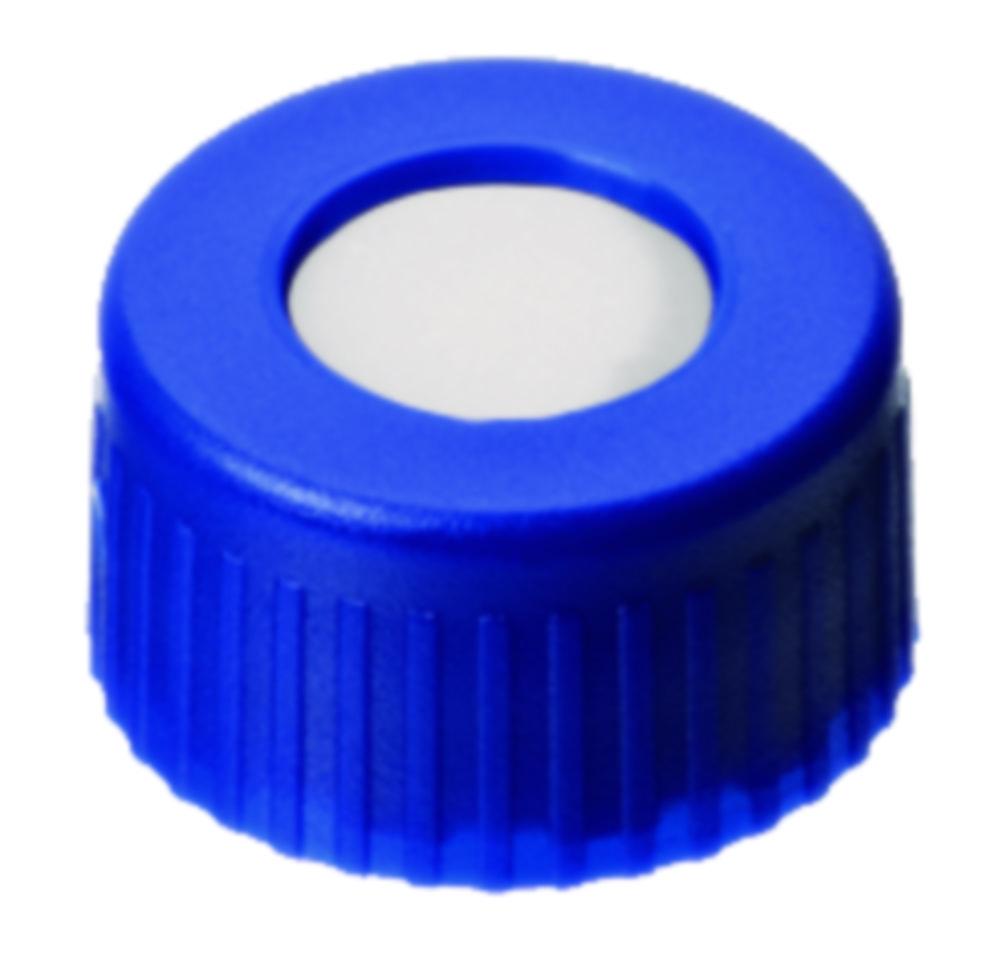 Screw cap, LLG, N 9 short thread, blue PP w. hole, silicone/PTFE 45 A, UltraBond