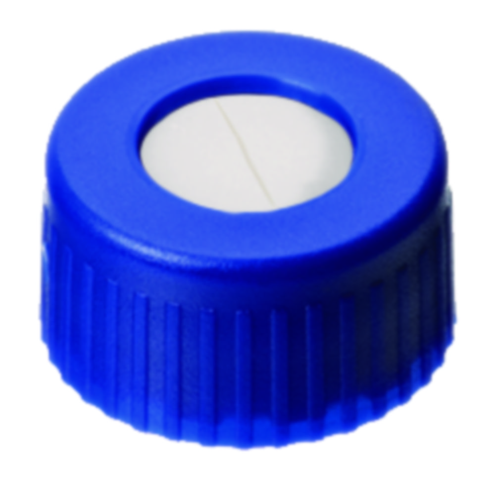 Screw cap, LLG, N 9 short thread, blue PP w. hole, silicone/PTFE 45 A, UltraBond, slit