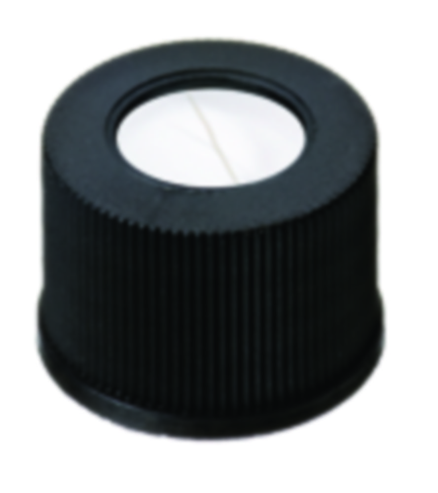 Screw cap, LLG, N 10, black PP w. hole, silicone/PTFE 55 A, slit