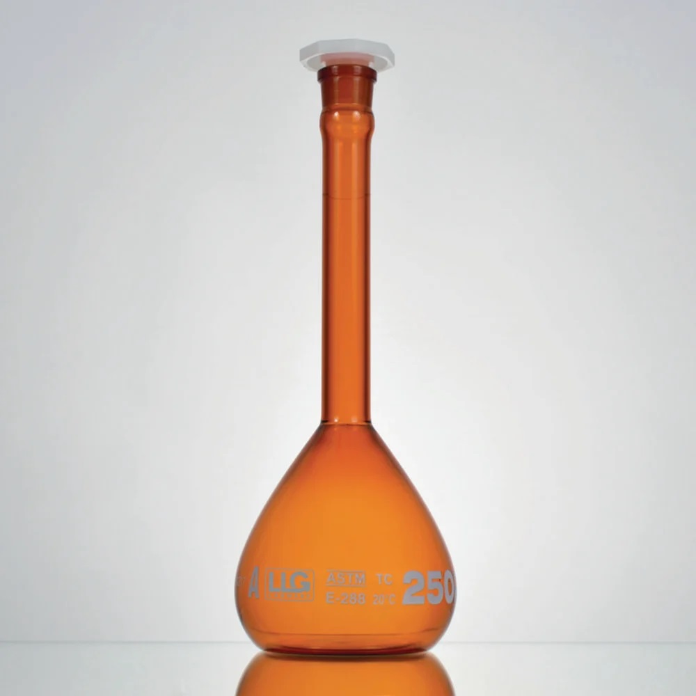 [4686250] Volumetric flask, LLG, amber, cl. A, NS14, PE stopper, 50 mL, 2 pcs