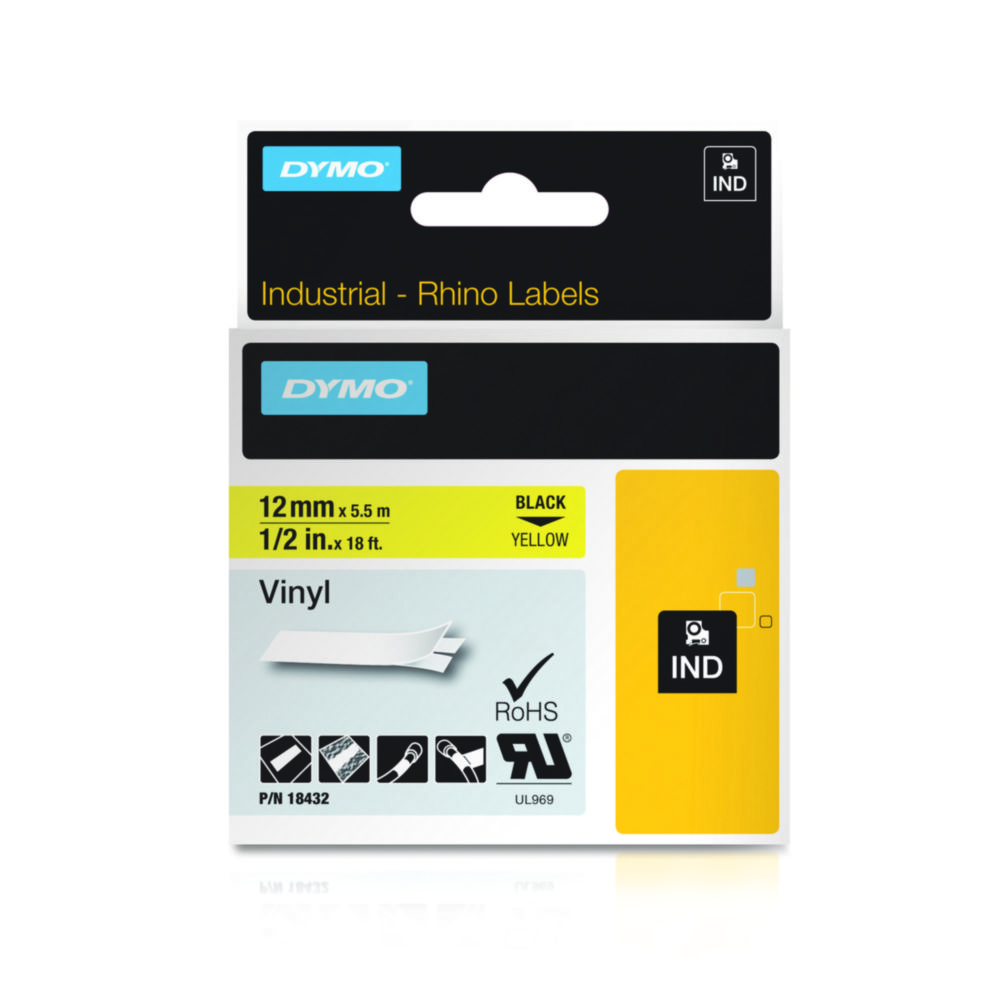 DYMO® Original IND-Tape for Rhino, 12mm x 5,5m, coloured Vinyl, black on yellow
