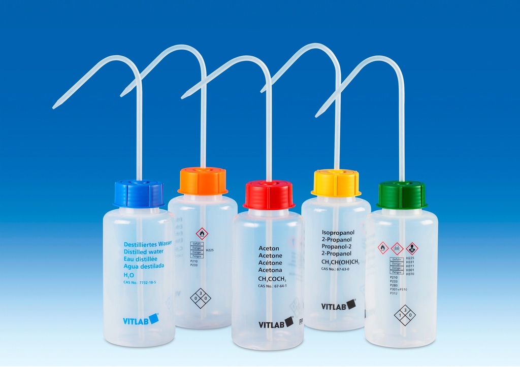 Safety wash bottle, wide neck, Dis. Water, 250 ml