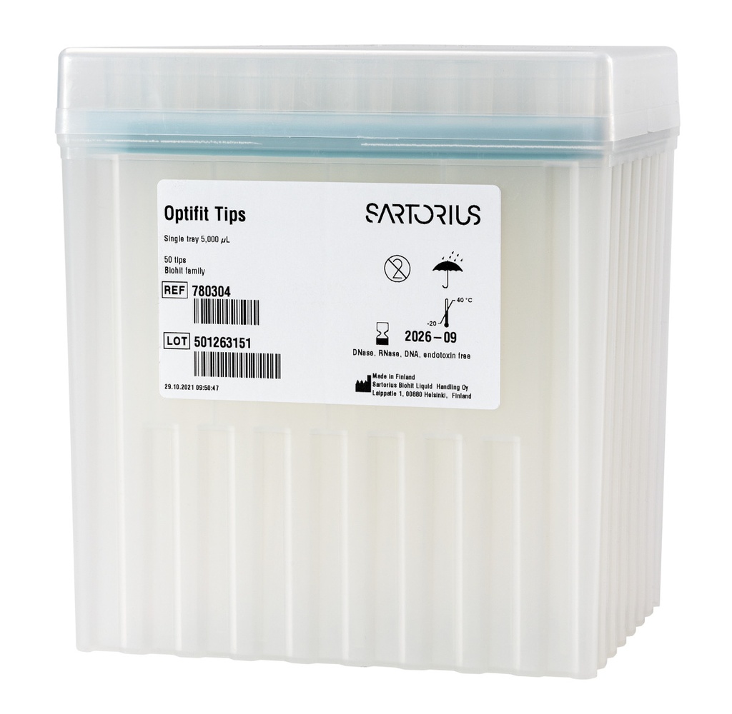 Optifit-Pipette tips, Sartorius, 100-5000 µl, length 150,0 mm, rack with 50 pcs, sterile