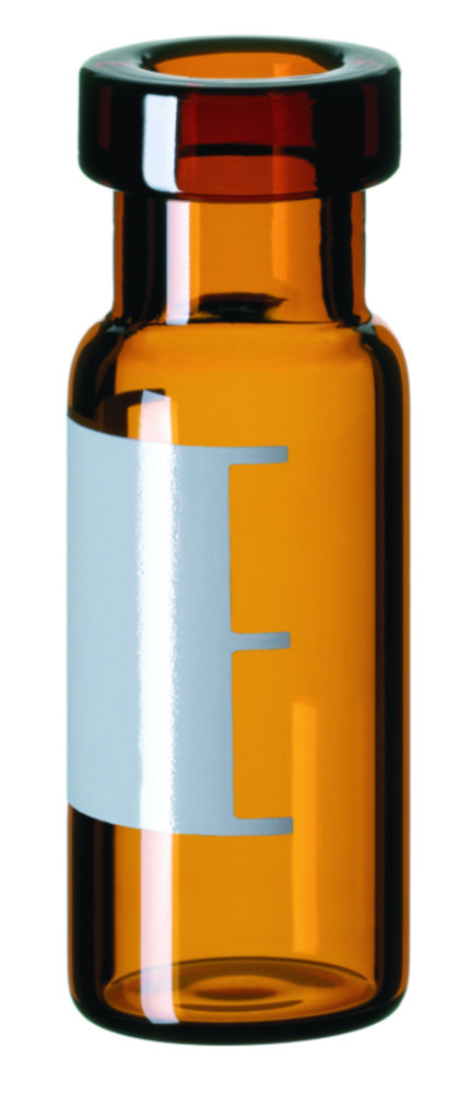 Vials w. crimp neck, LLG, N 11 crimp, wide opening, flat bottom, 1,5 mL, amber, w. labeling field