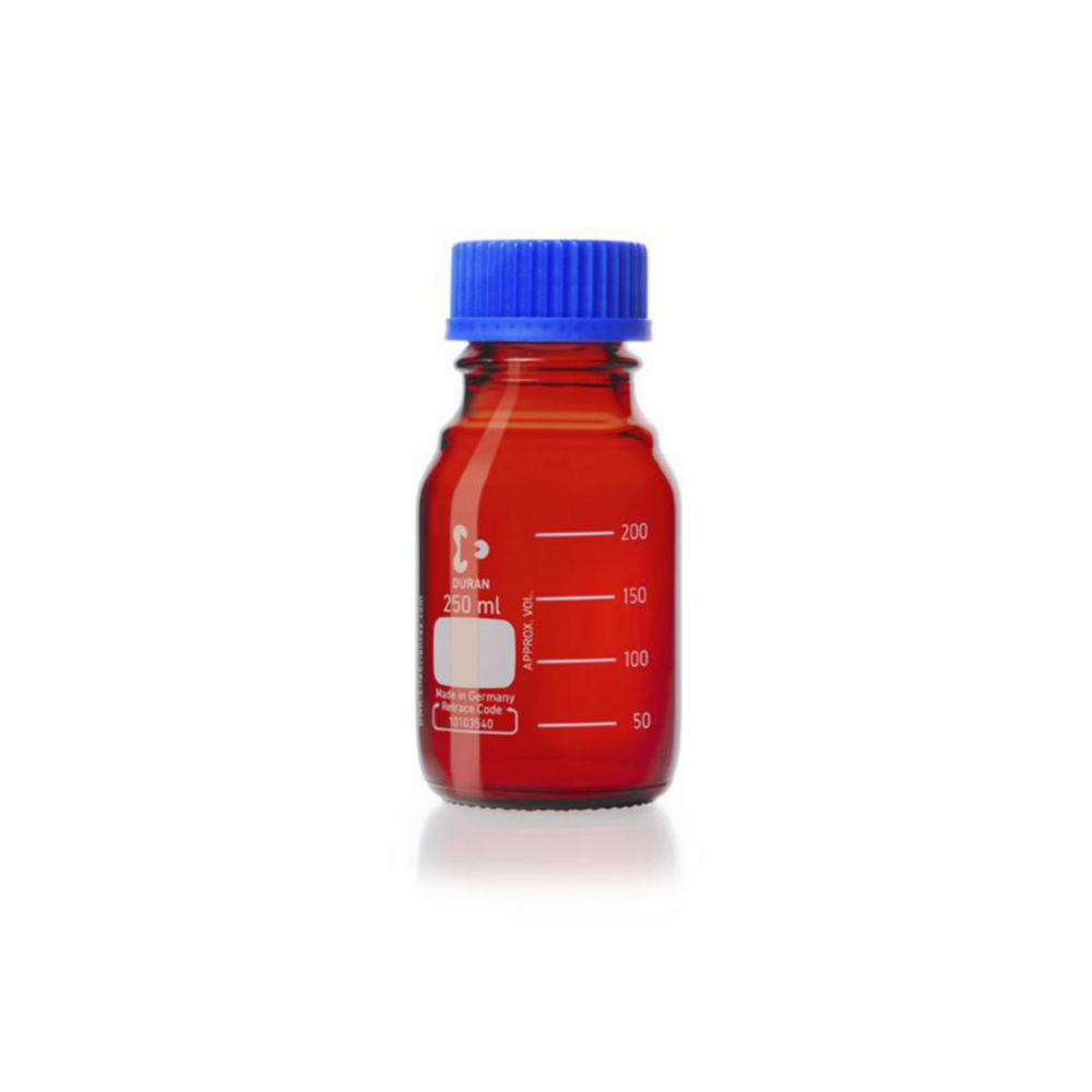 Laboratory bottle, Duran, 250 ml, amber glass, GL45, with screw cap and pouring ring