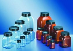 Square, wide neck containers, clear or amber rigi