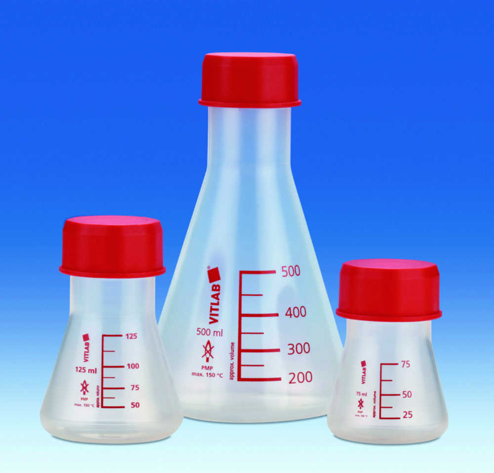 Erlenmeyer flask w. wide screw neck and cap, VITLAB, PP, GL 45, 75 mL, 6 pcs
