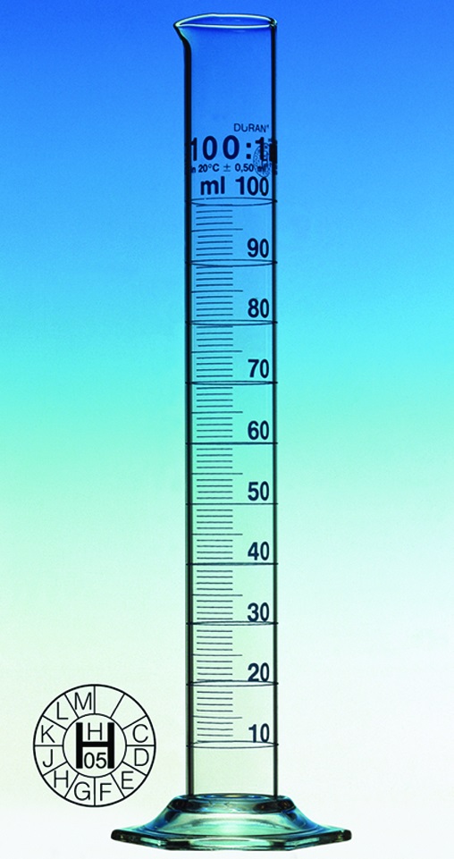 Measuring cylinder, Duran®, class A, blue grad., 1000 ml