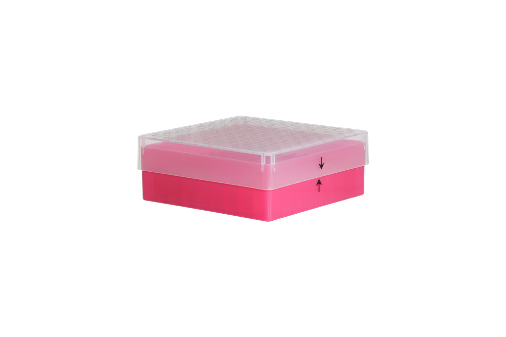 Cryobox, 130 x 130 x 50 mm, PP, 9 x 9, 1/2 ml cryotube, red