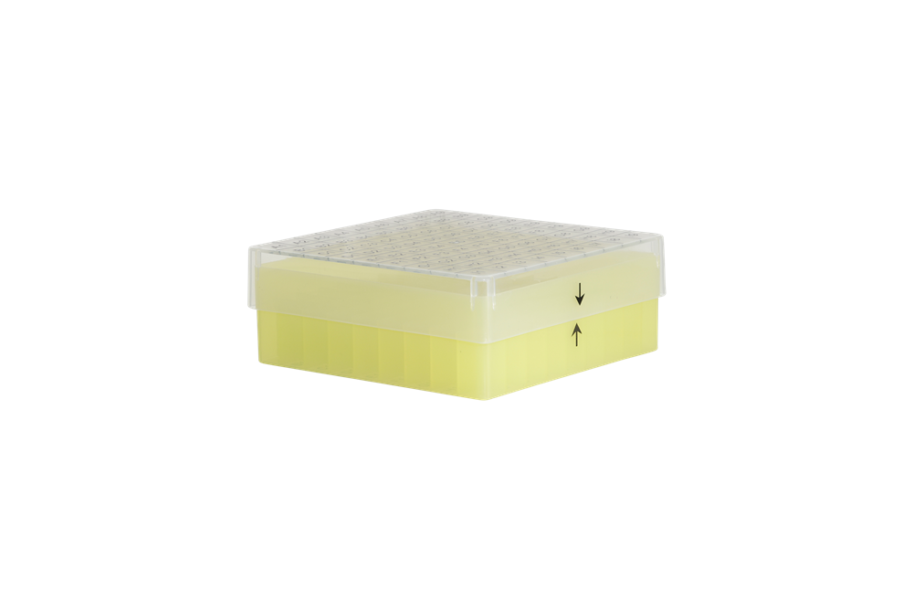 Cryobox, 130 x 130 x 50 mm, PP, 9 x 9, 1/2 ml cryotube, yellow